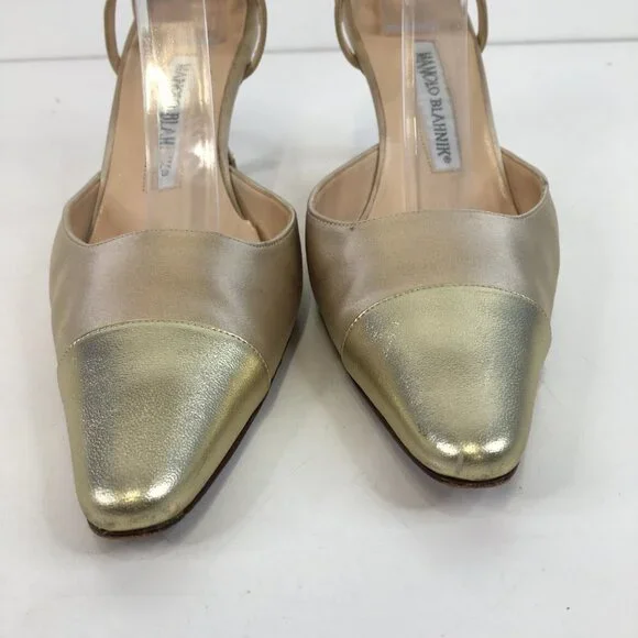 Manolo Blahnik Golden Cap Toe Ankle Strap Pumps Size 37.5